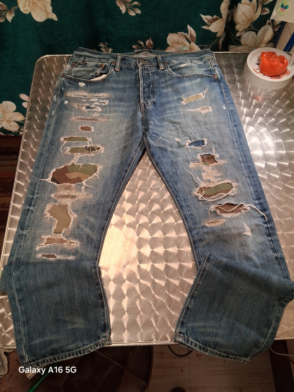 Polo by Ralph Lauren Distressed Blue Jeans with Camouflage Patchwork